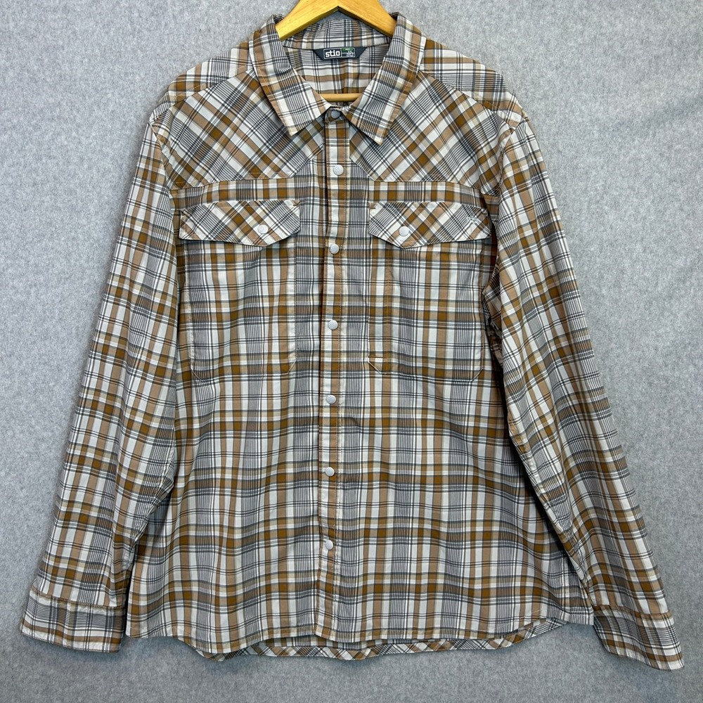 Stio Eddy Shirt Plaid Snap Front Long Sleeve Technical Neutrals Outdoor Mens XXL